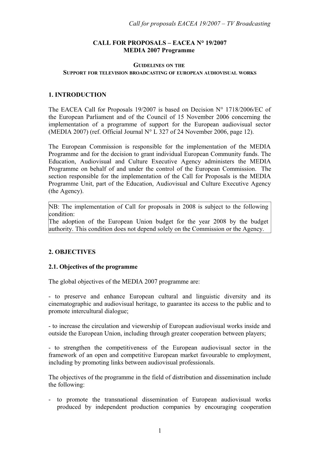 Call for Proposals Eacea N 17/2007