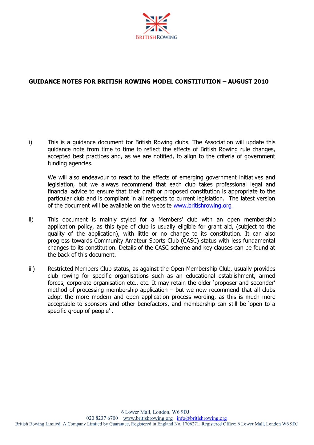 Guidance Notes for British Rowing Model Constitution August 2010
