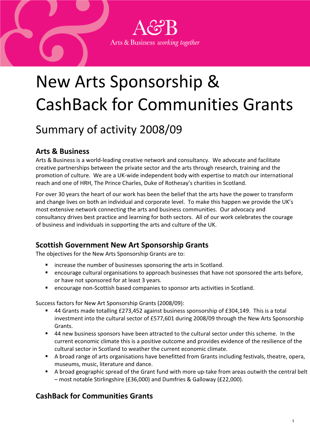 New Arts Sponsorship Cashback for Communities Grants