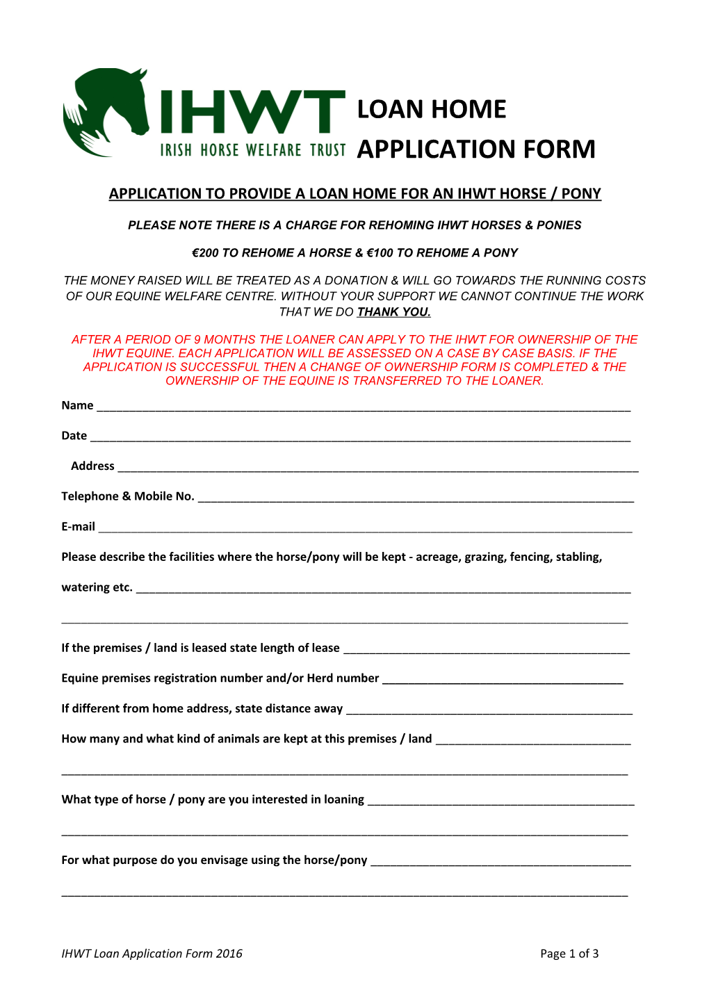 Application to Provide a Loan Home for an Ihwt Horse / Pony