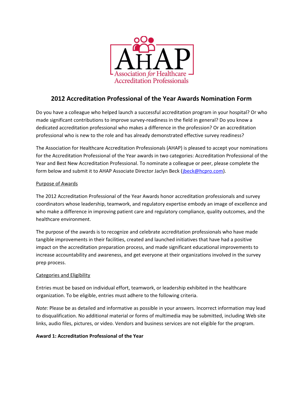 2012 Accreditation Professional of the Year Awards Nomination Form