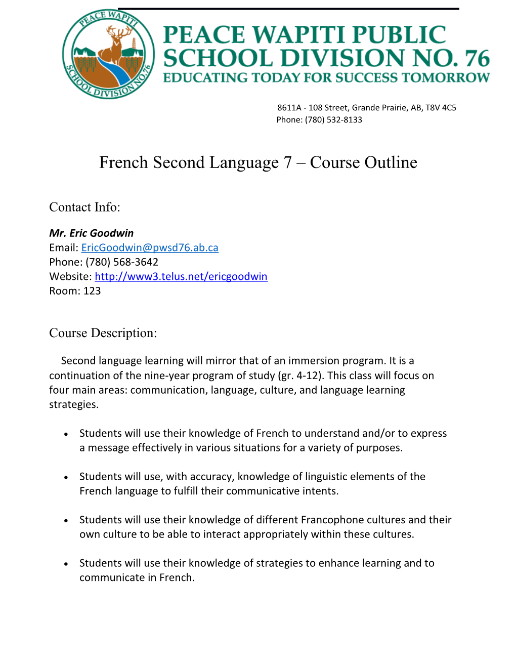 French Second Language 7 Course Outline