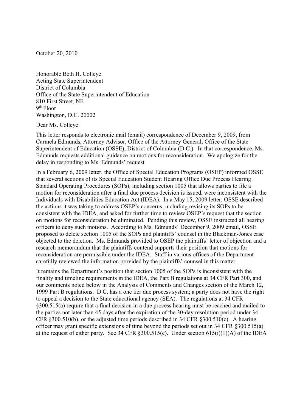 Colleye Letter Dated 10/20/10 Re: Finality of Due Process Hearing Decisions (Ms Word)