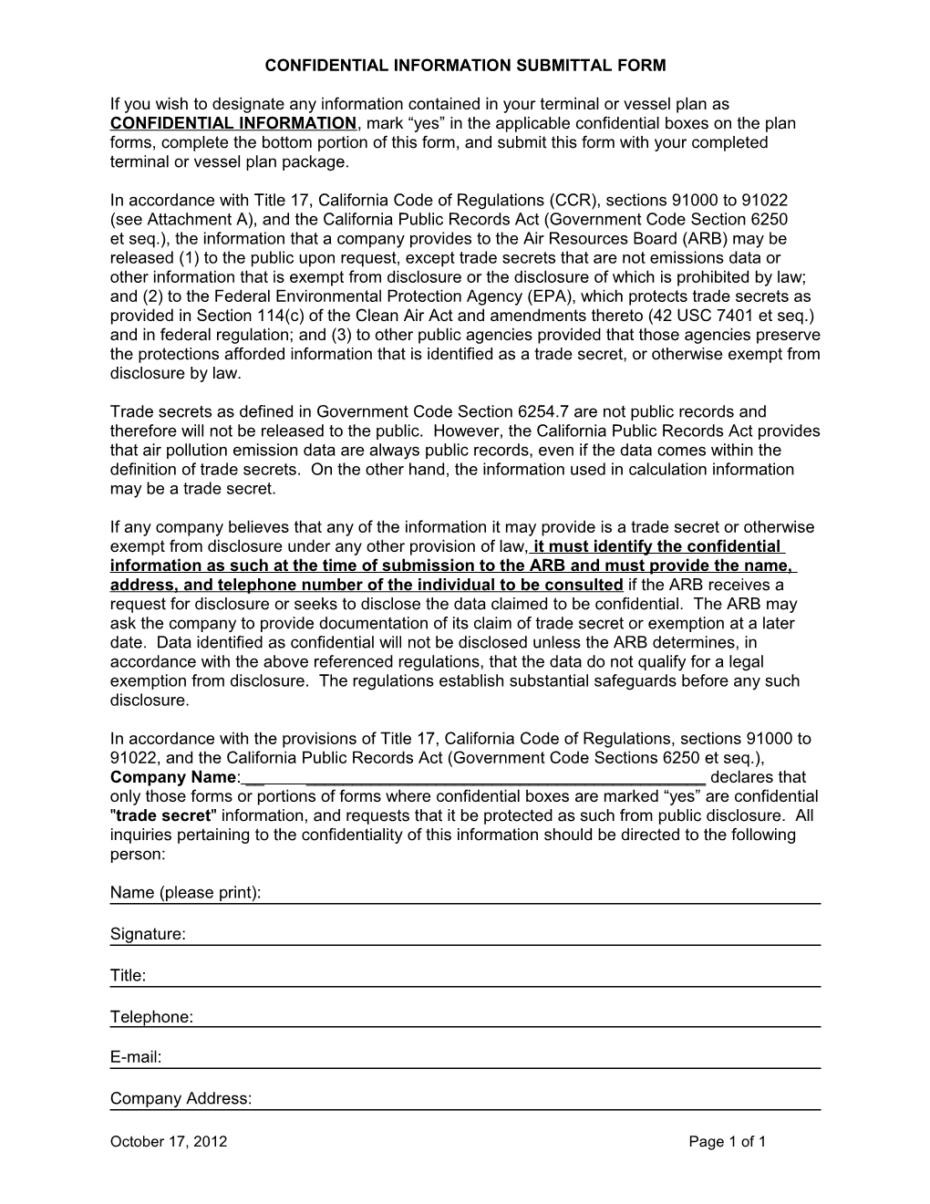 Confidential Information Submittal Form