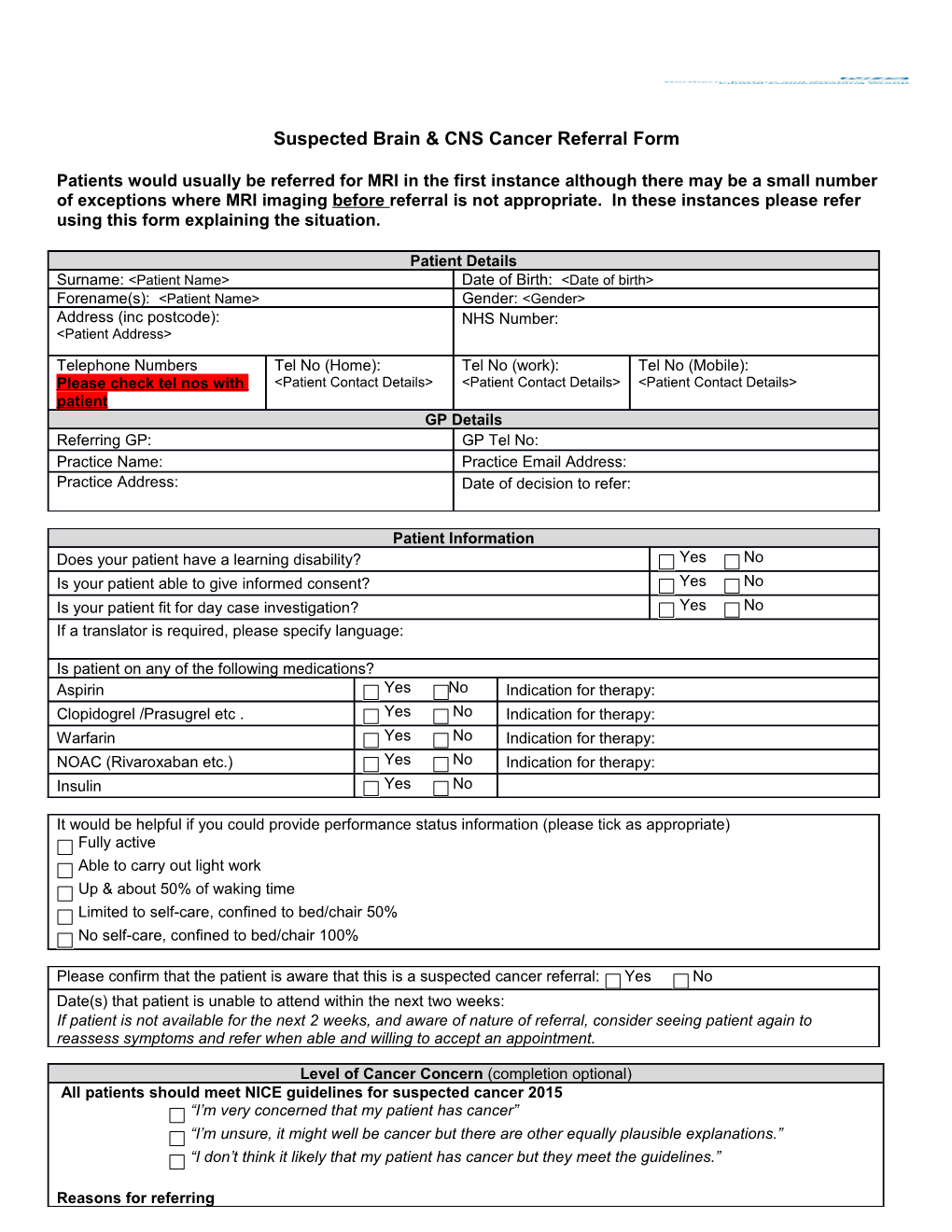 Suspected Brain & CNS Cancer Referral Form