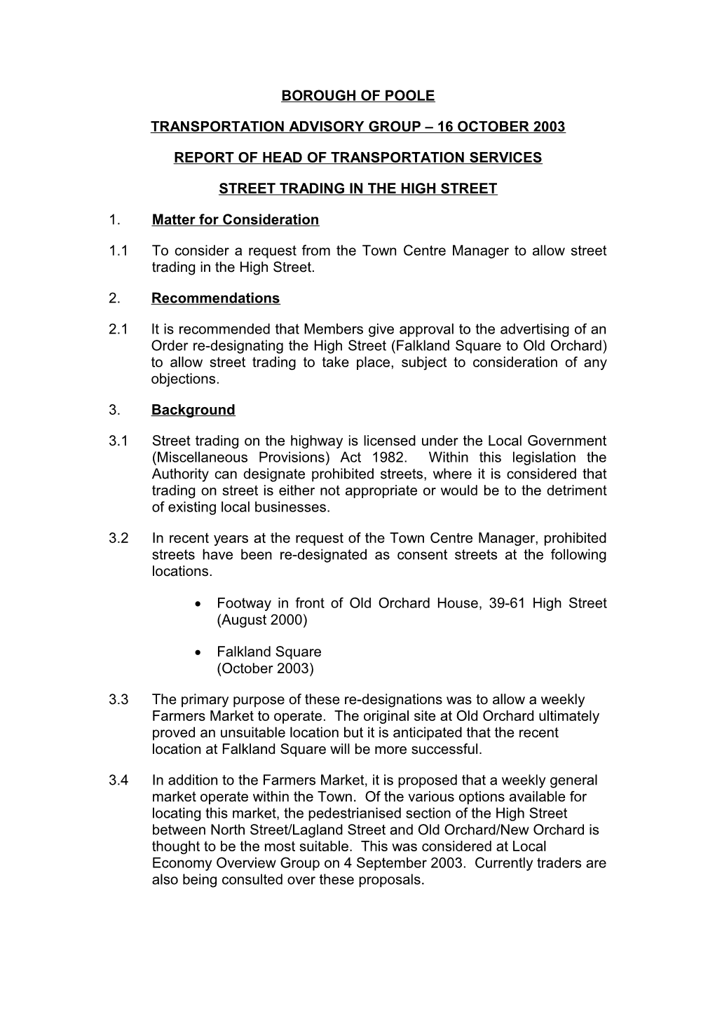 PFD - Councillor Parker - 4 September 2003 - Street Trading in High Street - Report