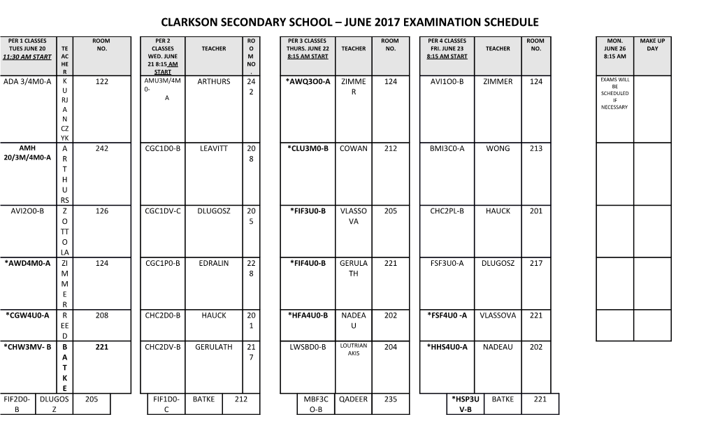 Clarkson Secondary School June 2017 Examination Schedule