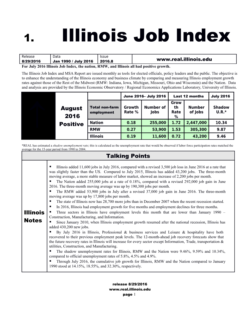 Forjuly 2016Illinois Job Index, the Nation, RMW, and Illinois Allhad Positive Growth