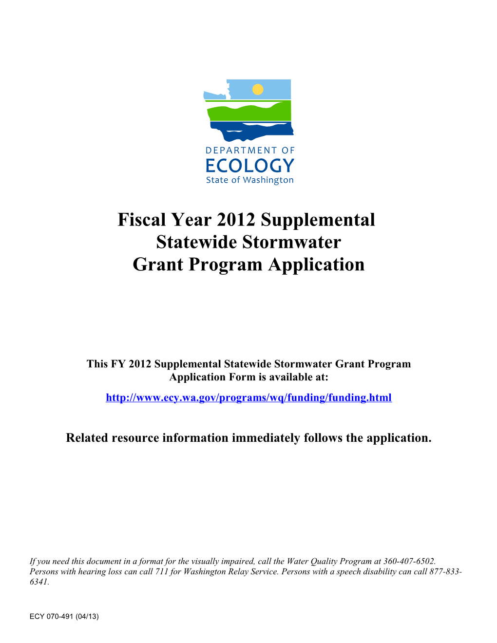 Fiscal Year 2012 Supplemental Statewide Stormwatergrant Program Application
