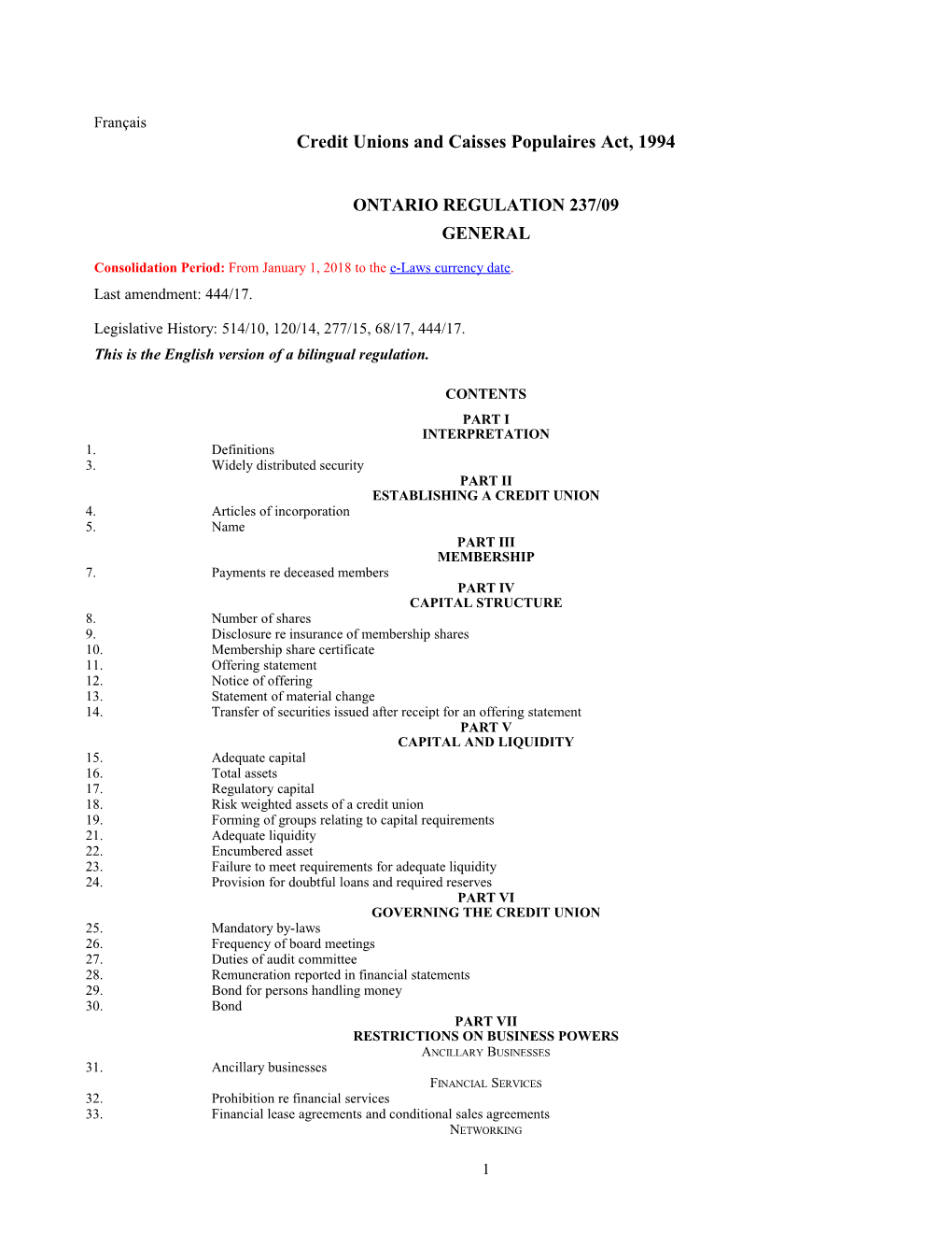 Credit Unions and Caisses Populaires Act, 1994 - O. Reg. 237/09