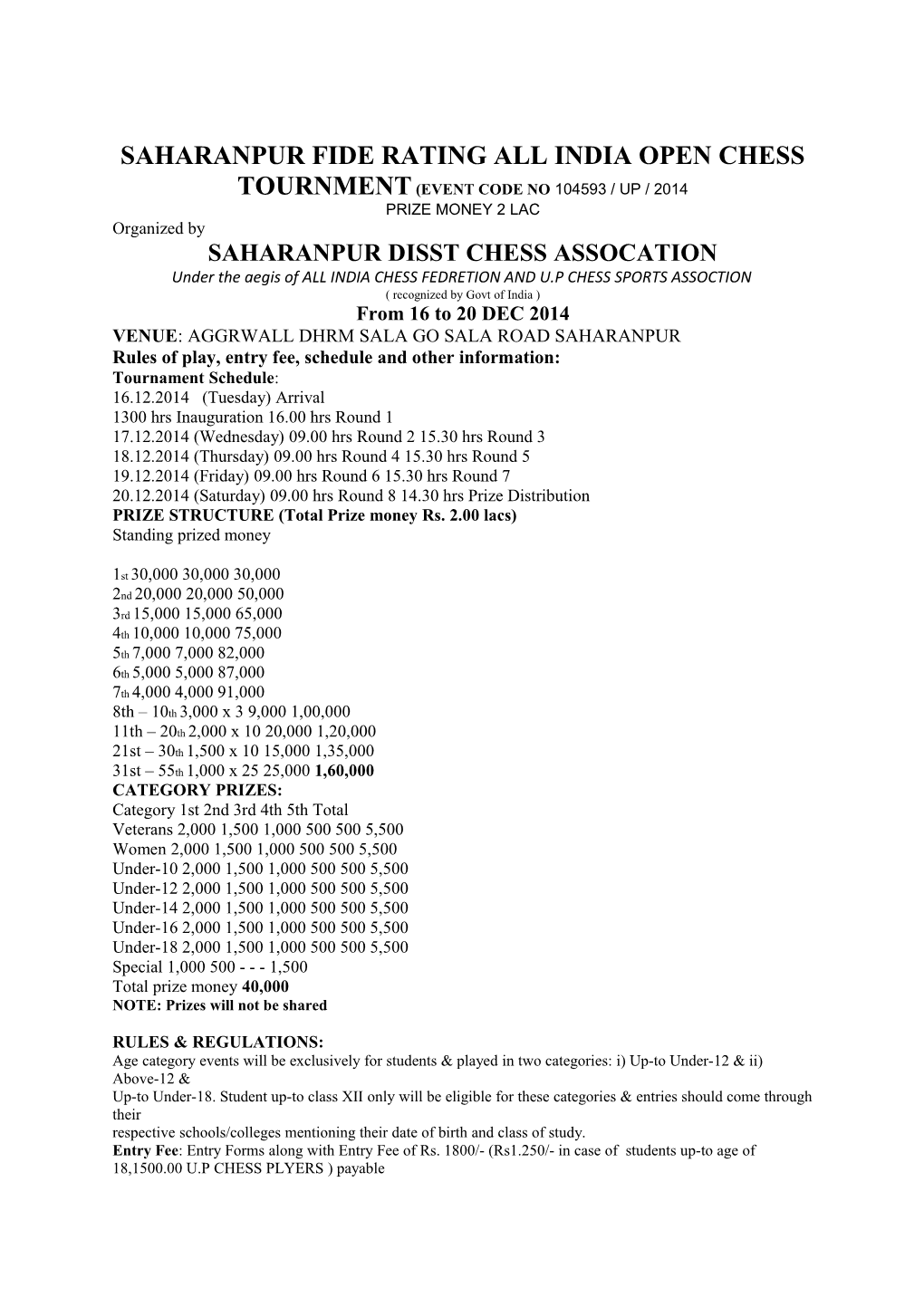 Saharanpur Fide Rating All India Open Chess Tournment (Event Code No 104593 / up / 2014