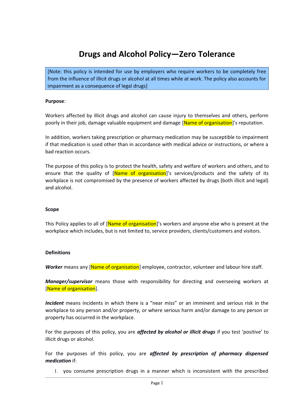 Drugs and Alcohol Policy Zero Tolerance