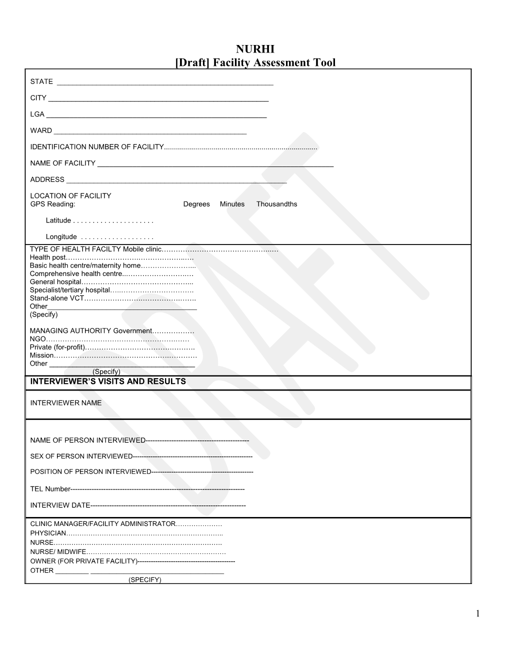 Draft Facility Assessment Tool