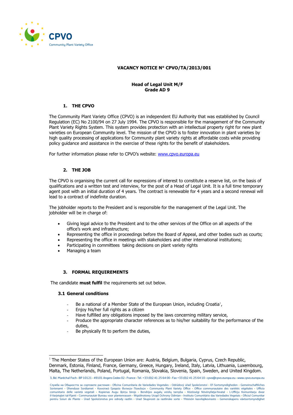 Vacancy Notice N Cpvo/Ta/2013/001