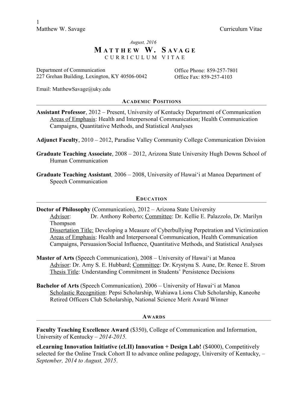 Matthew W. Savage Curriculum Vitae