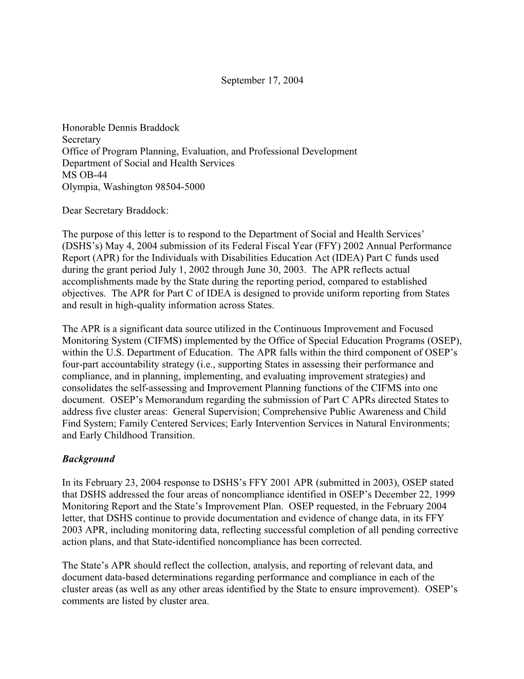 Washington Part C APR Letter, 2002-2003 (MS Word)