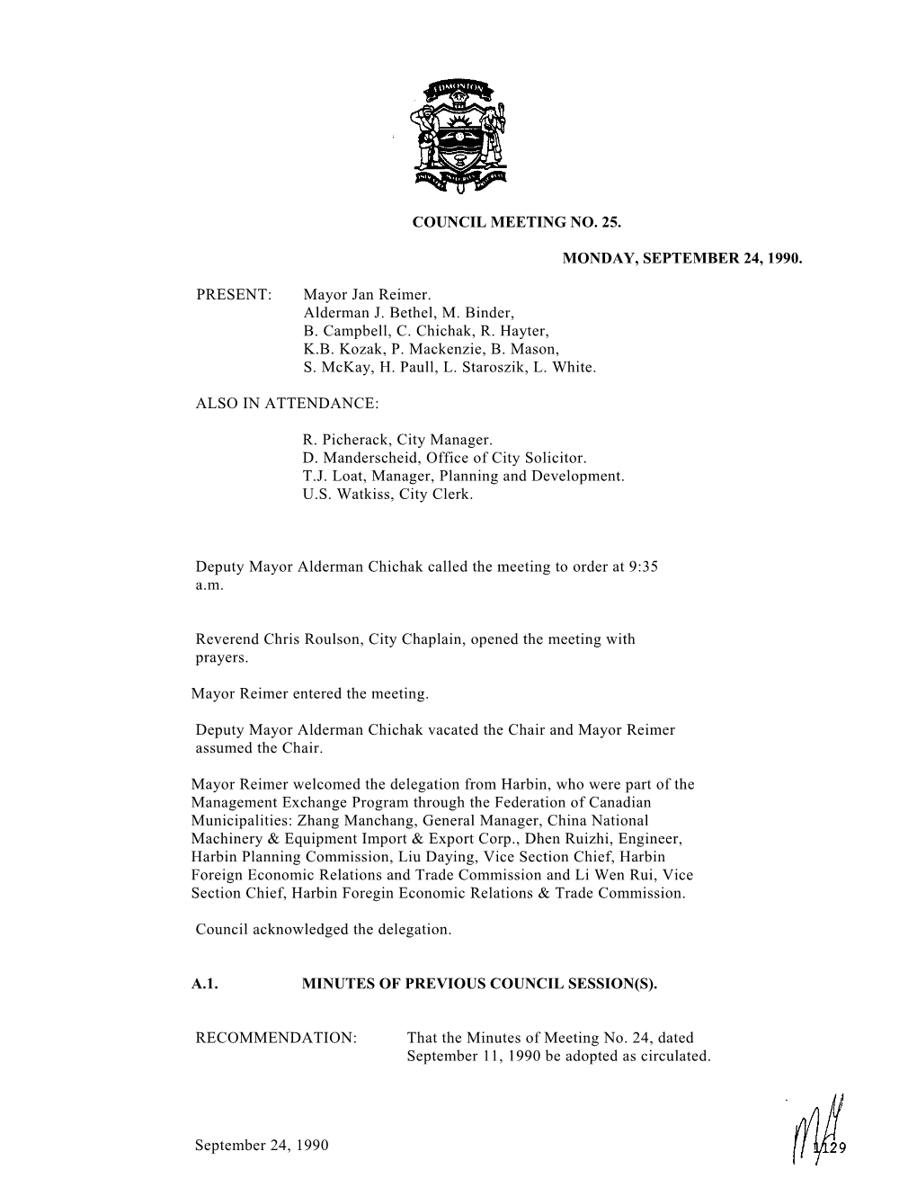 Minutes for City Council September 24, 1990 Meeting