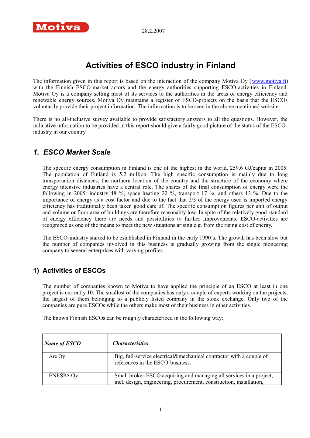 Activities of ESCO Industry in Finland