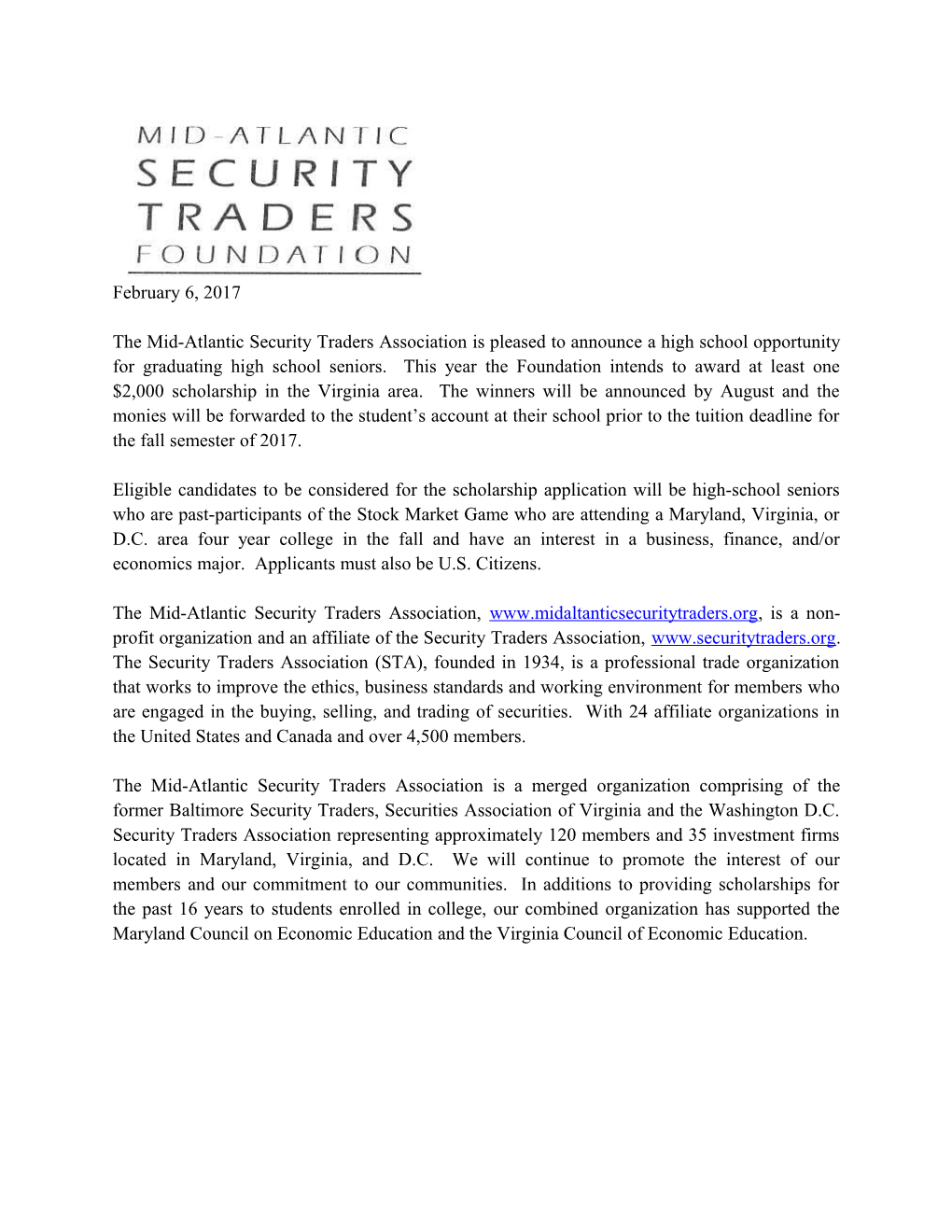 The Mid-Atlantic Security Traders Association Is Pleased to Announce a High School Opportunity
