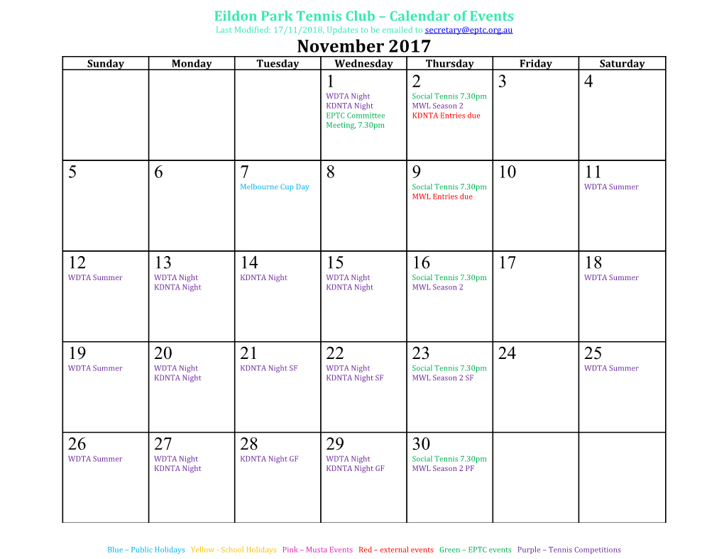 Eildon Park Tennis Club Calendar of Events