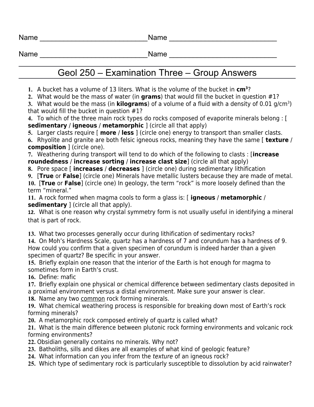 Geol 250 Examination Three Group Answers
