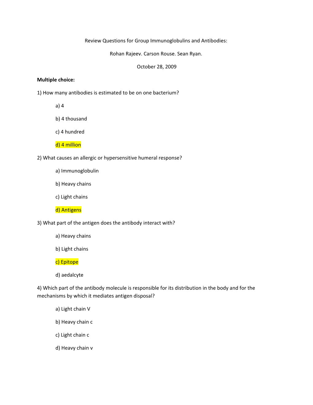 Review Questions for Group Immunoglobulins and Antibodies