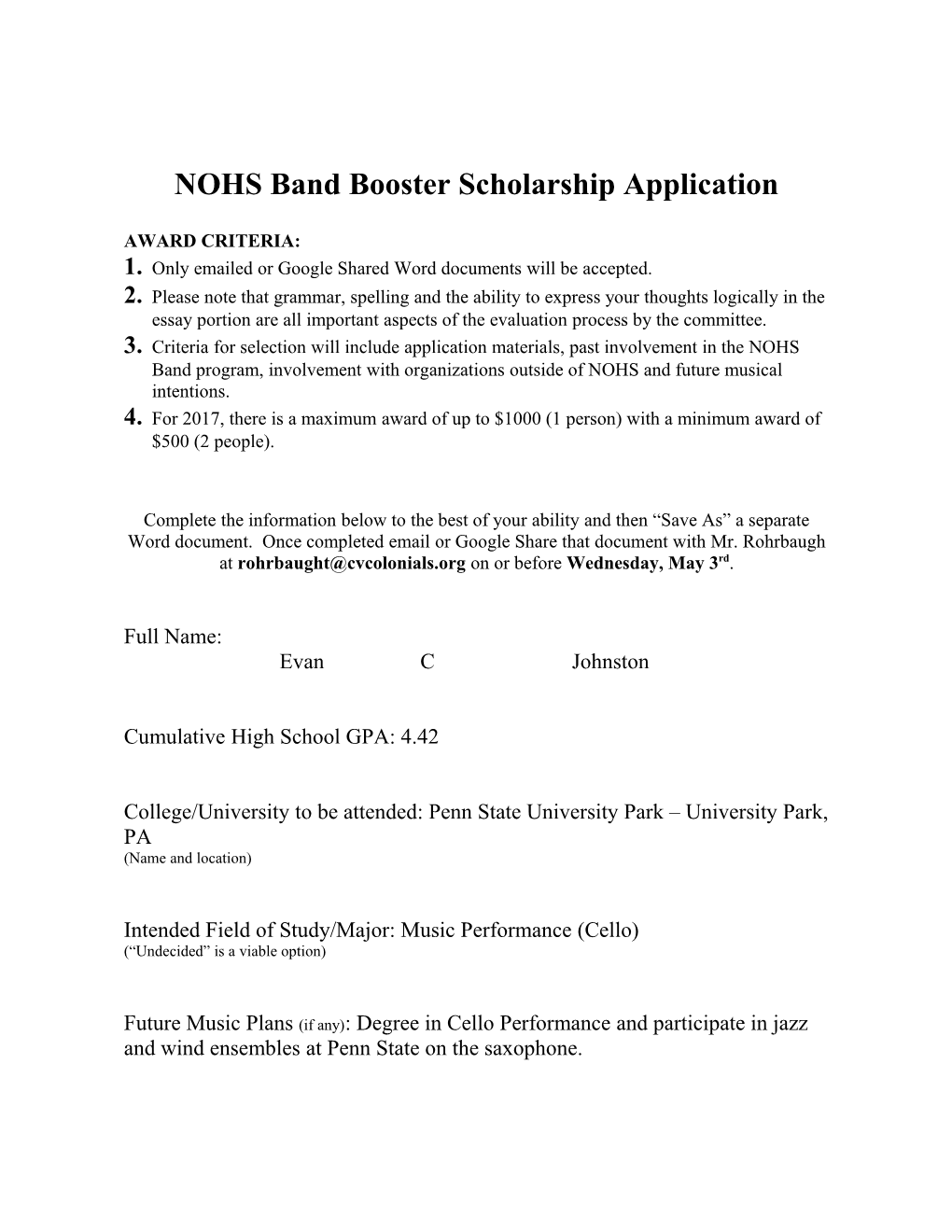 NOHS Band Booster Scholarship Application
