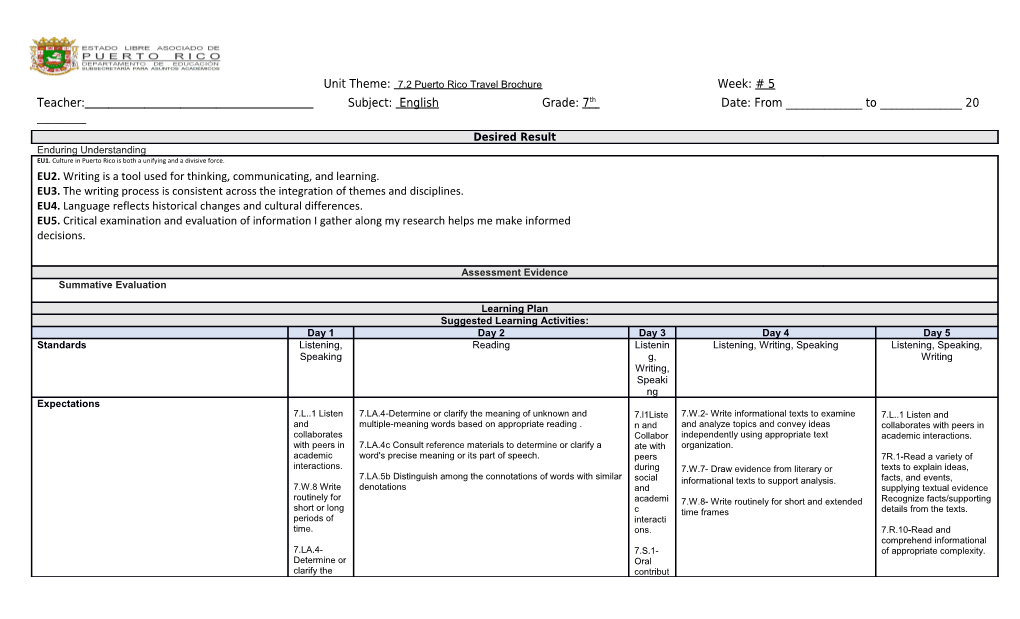 Unit Theme: 7.2 Puerto Rico Travel Brochureweek:#5