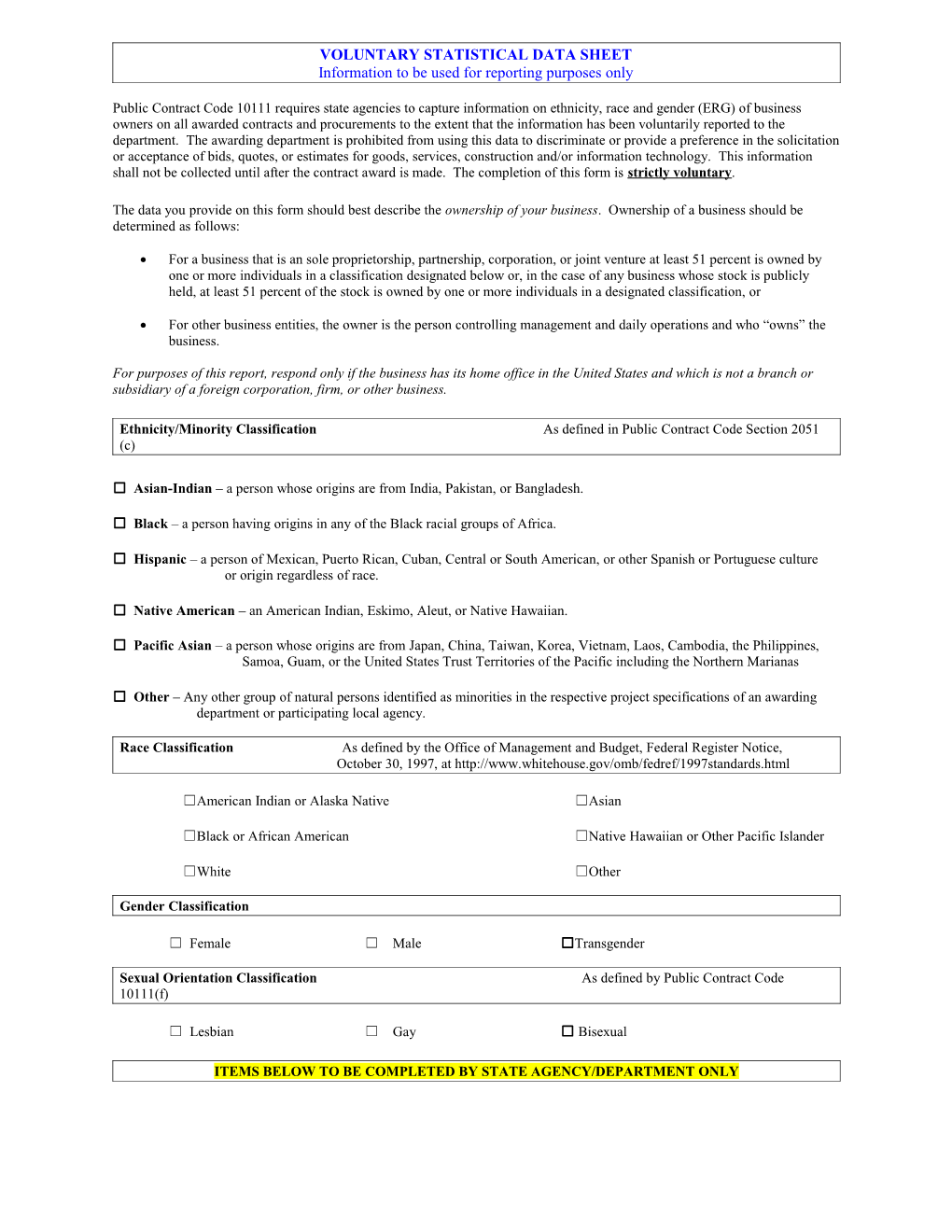 Voluntary Statistical Data Sheet