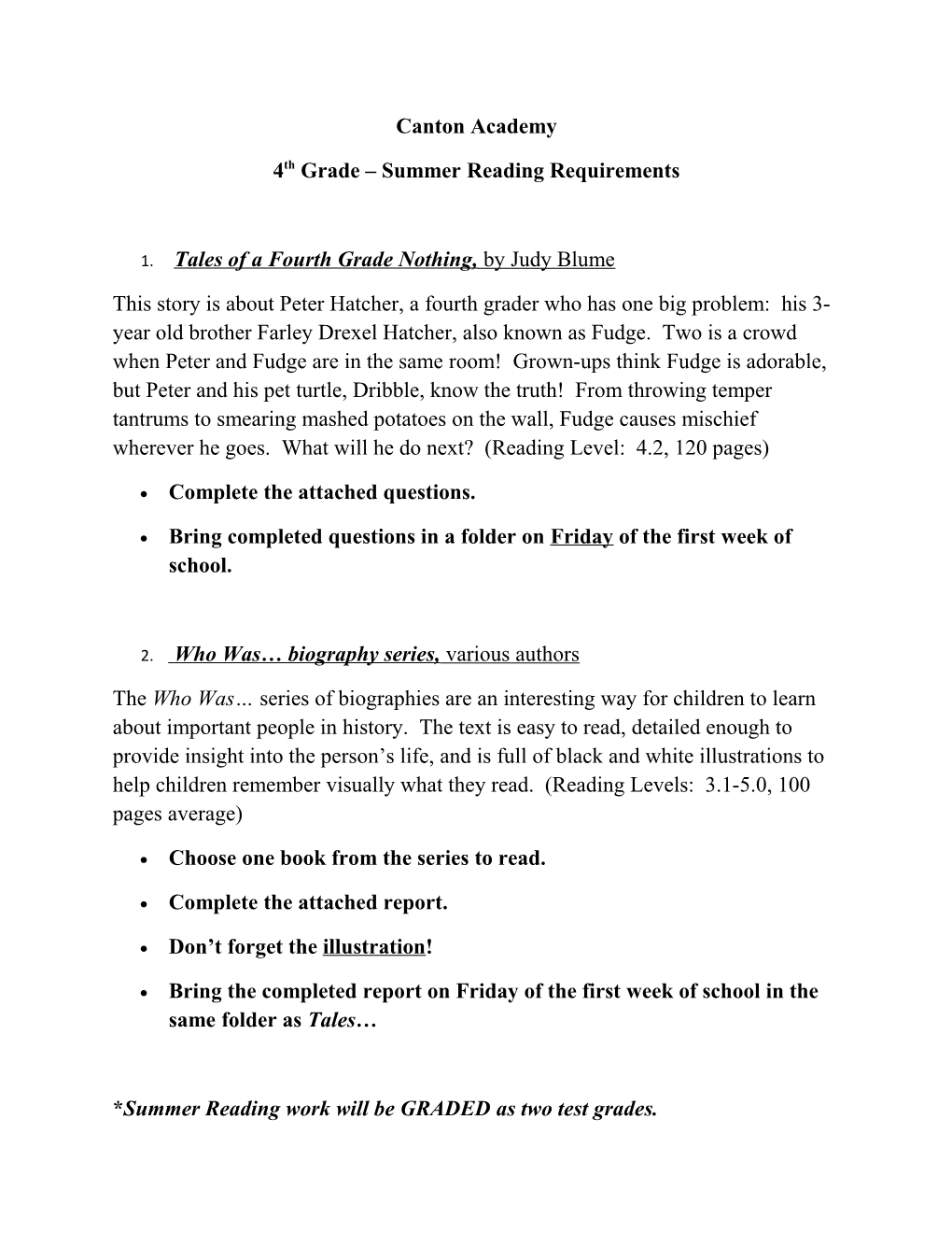 4Th Grade Summer Reading Requirements