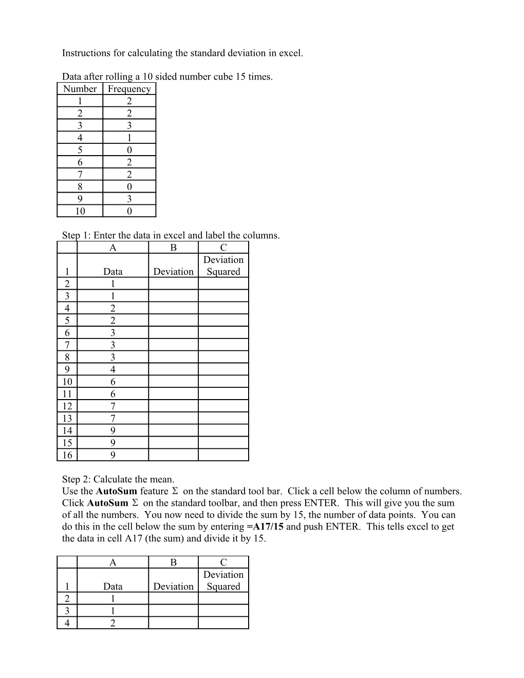 Instructions for Calculating the Standard Deviation in Excel