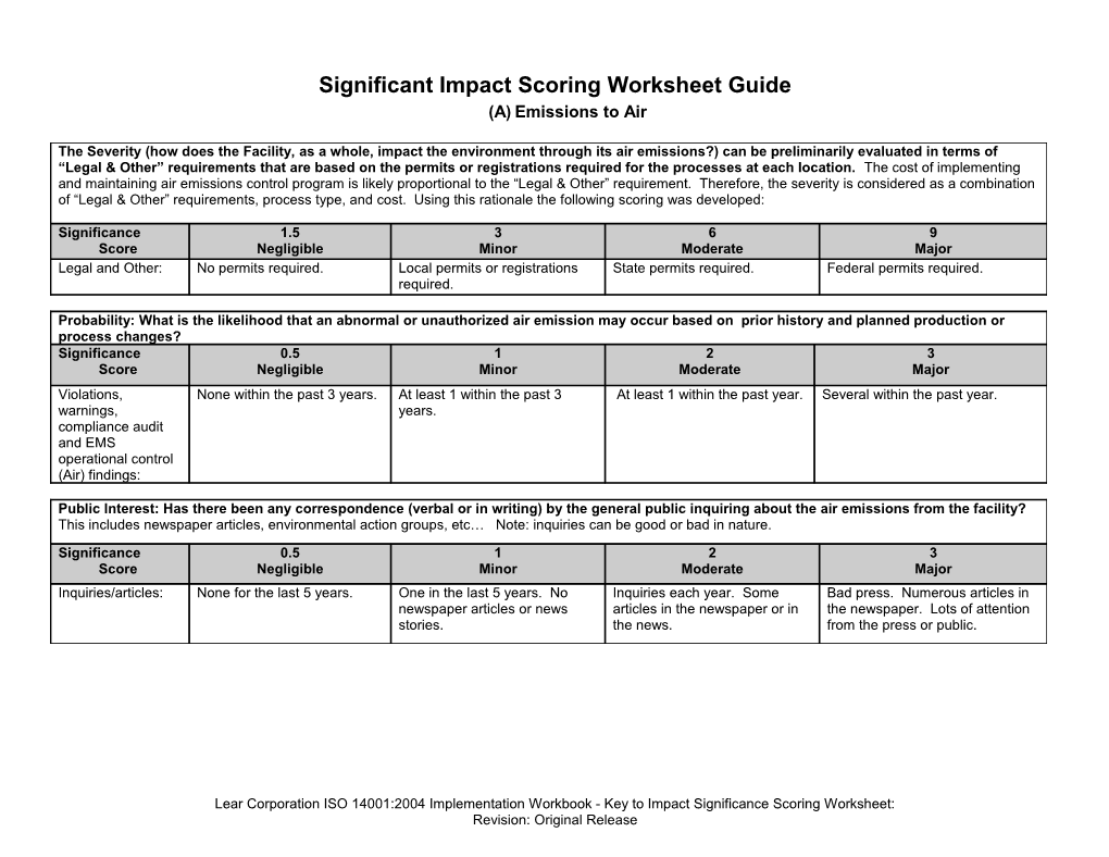 Key to Impact Significance Scoring Worksheet