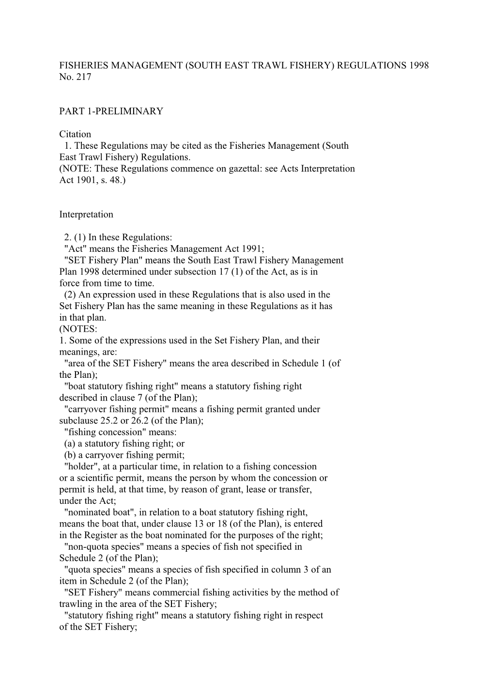 Fisheries Management (South East Trawl Fishery) Regulations 1998