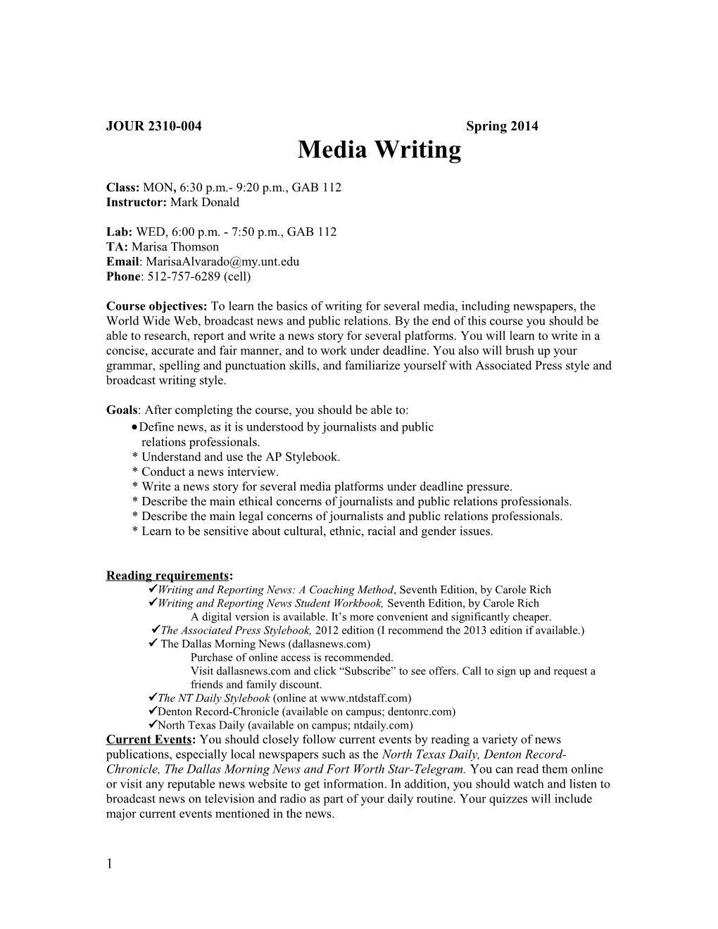 JOUR 2310-004 Spring 2014 Media Writing