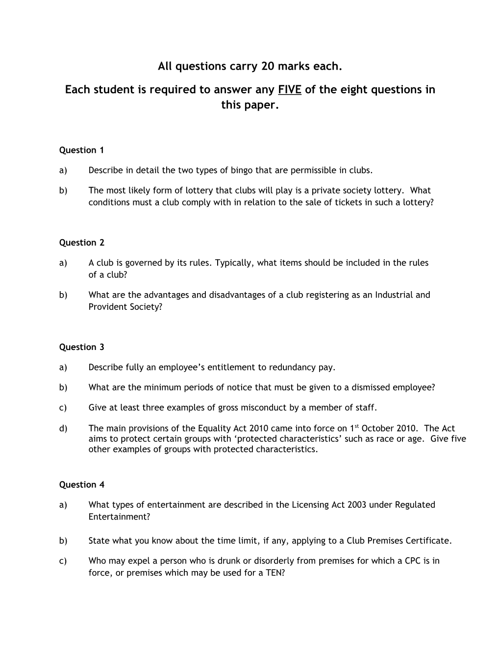 All Questions Carry 20 Marks Each