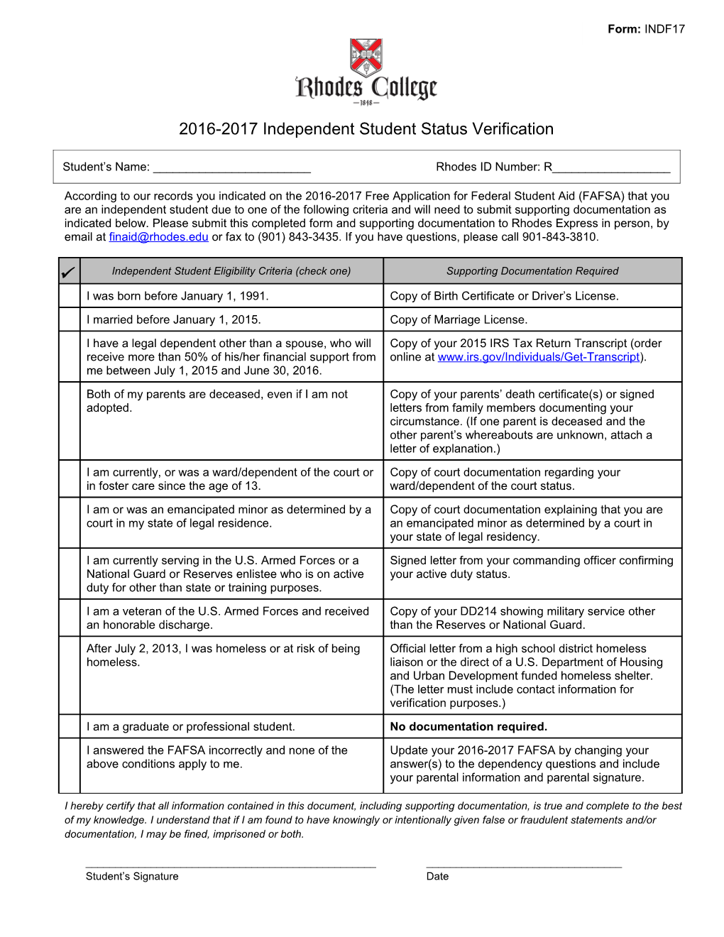 2016-2017 Independent Student Status Verification