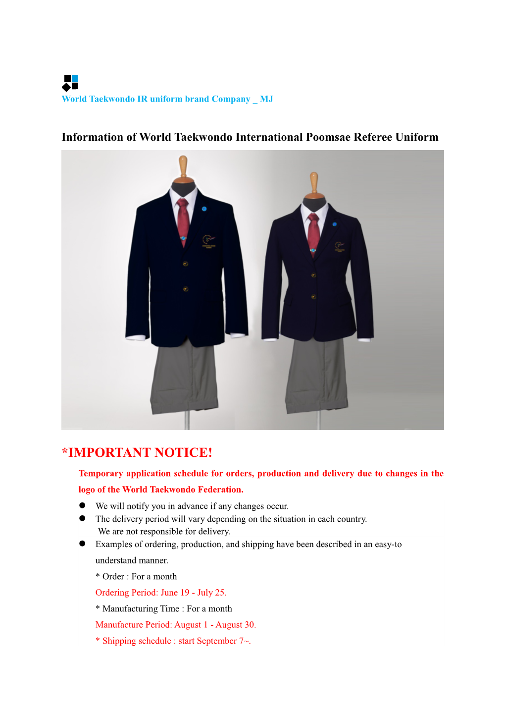 World Taekwondo IR Uniform Brand Company MJ