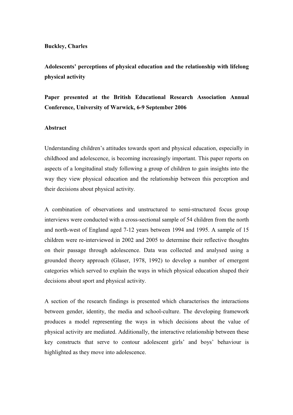 Adolescents Perceptions of Physical Education and the Relationship with Lifelong Physical