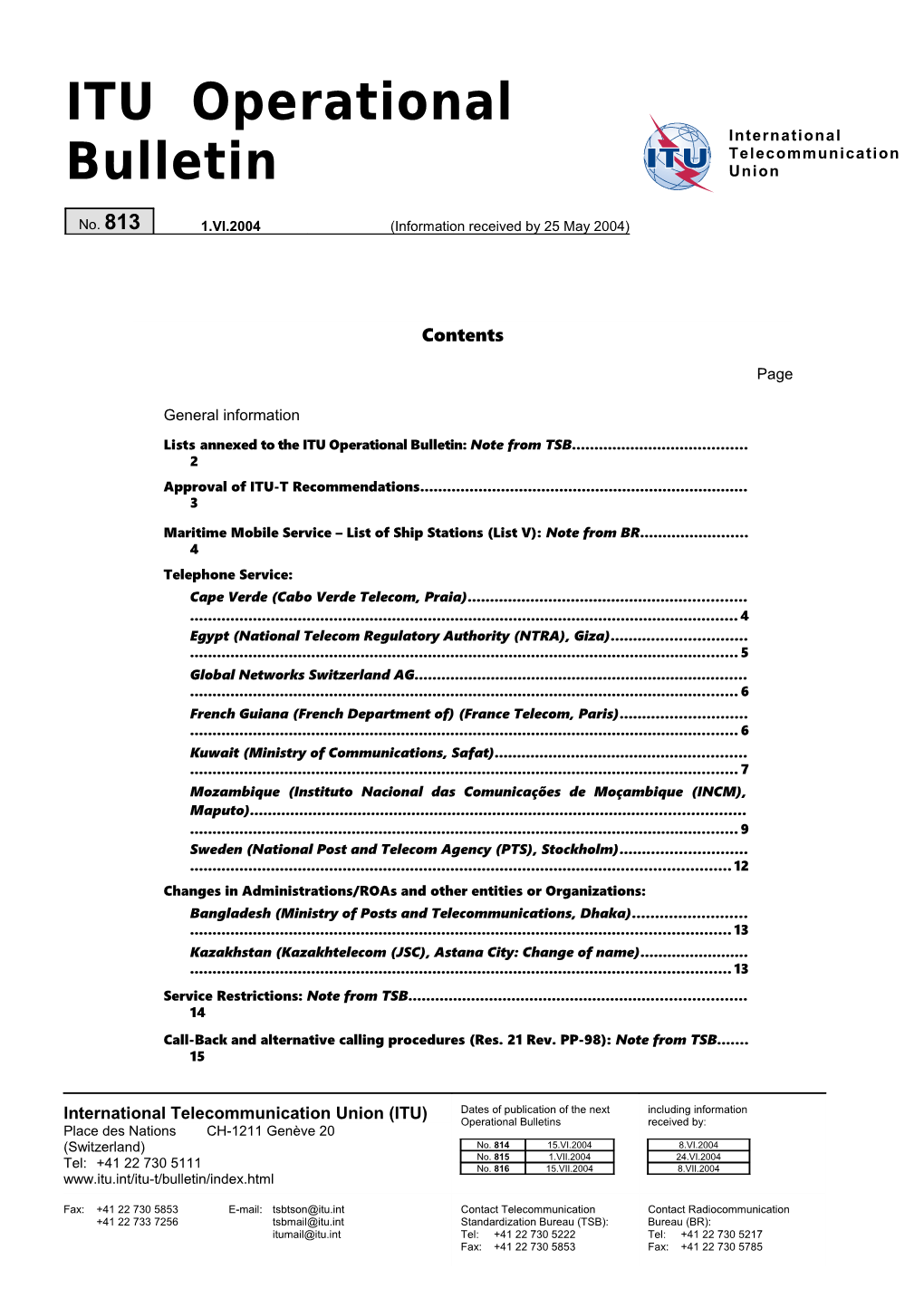 ITU Operational Bulletin No. 813 - 1.VI.2004