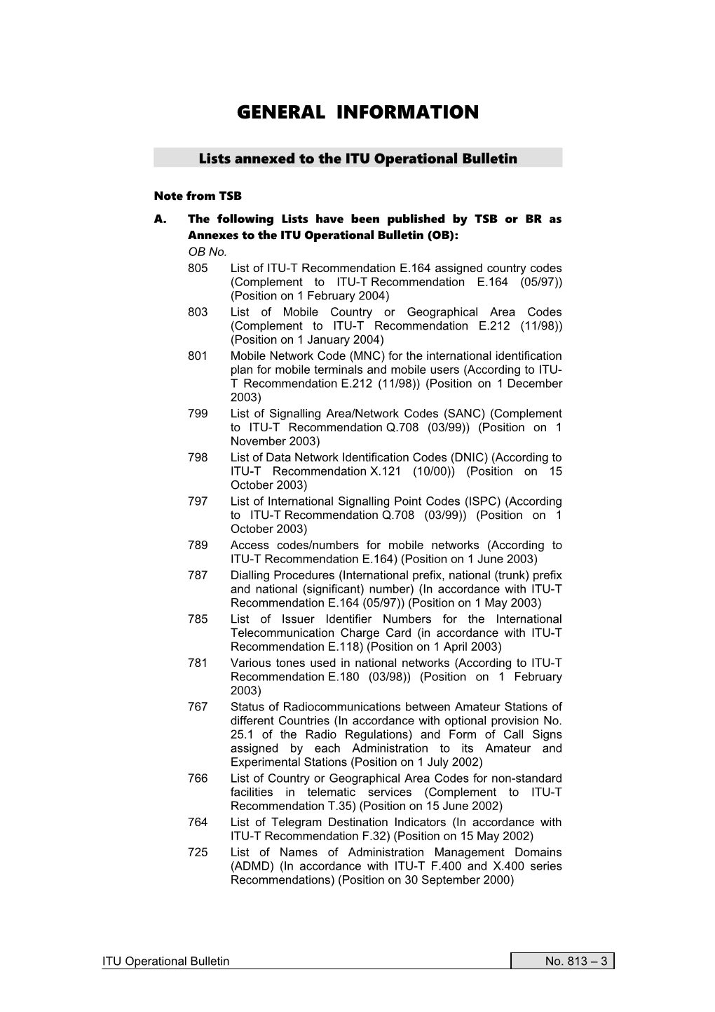 ITU Operational Bulletin No. 813 - 1.VI.2004