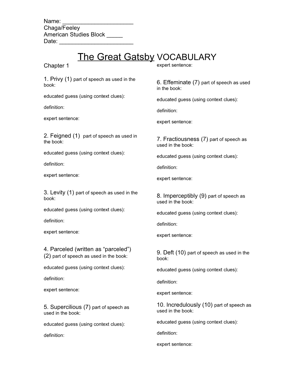 The Great Gatsby VOCABULARY
