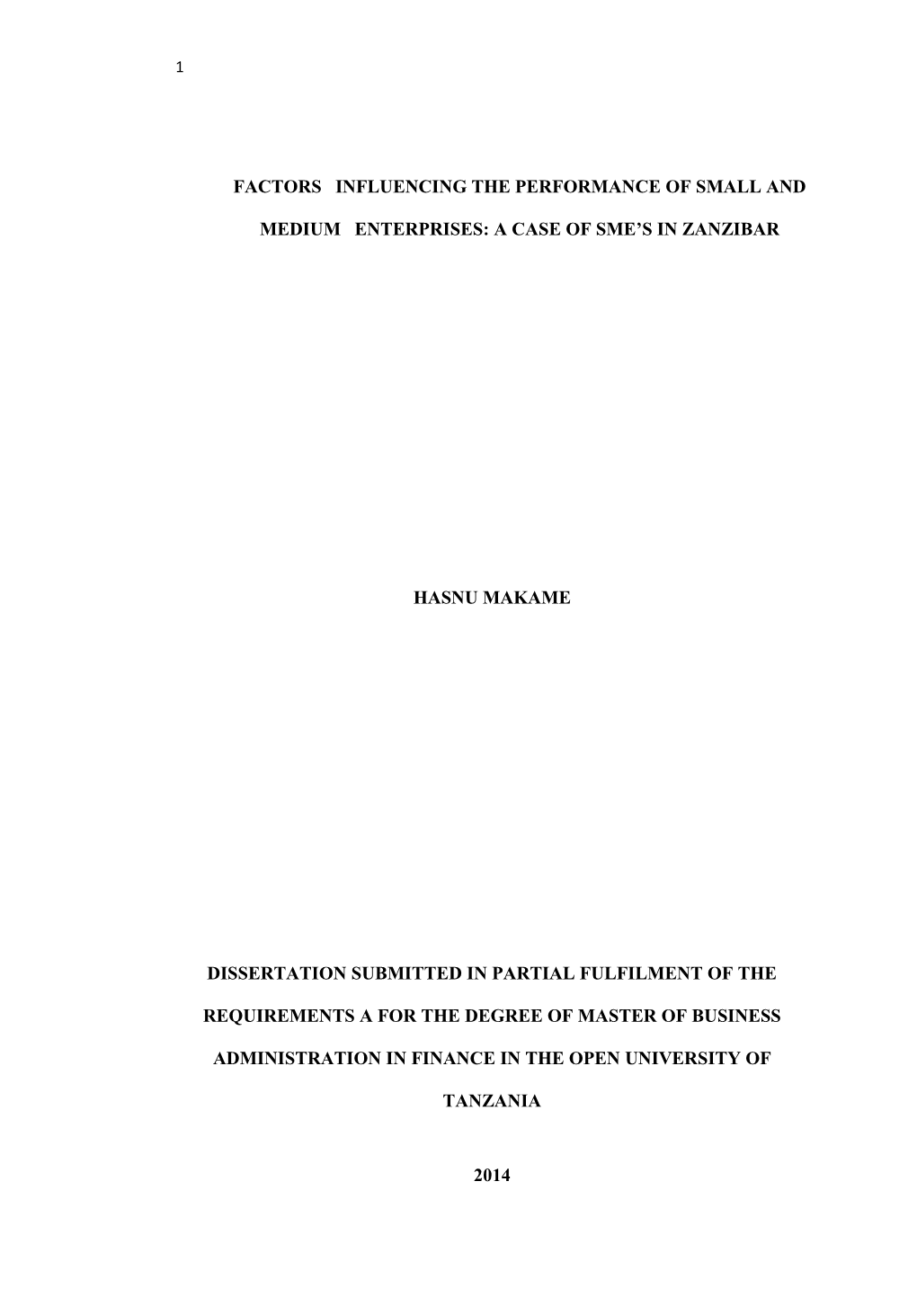 Dissertation Submitted in Partial Fulfilment of the Requirements a for the Degree of Master
