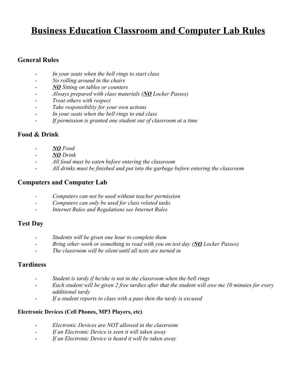 Business Education Classroom and Computer Lab Rules