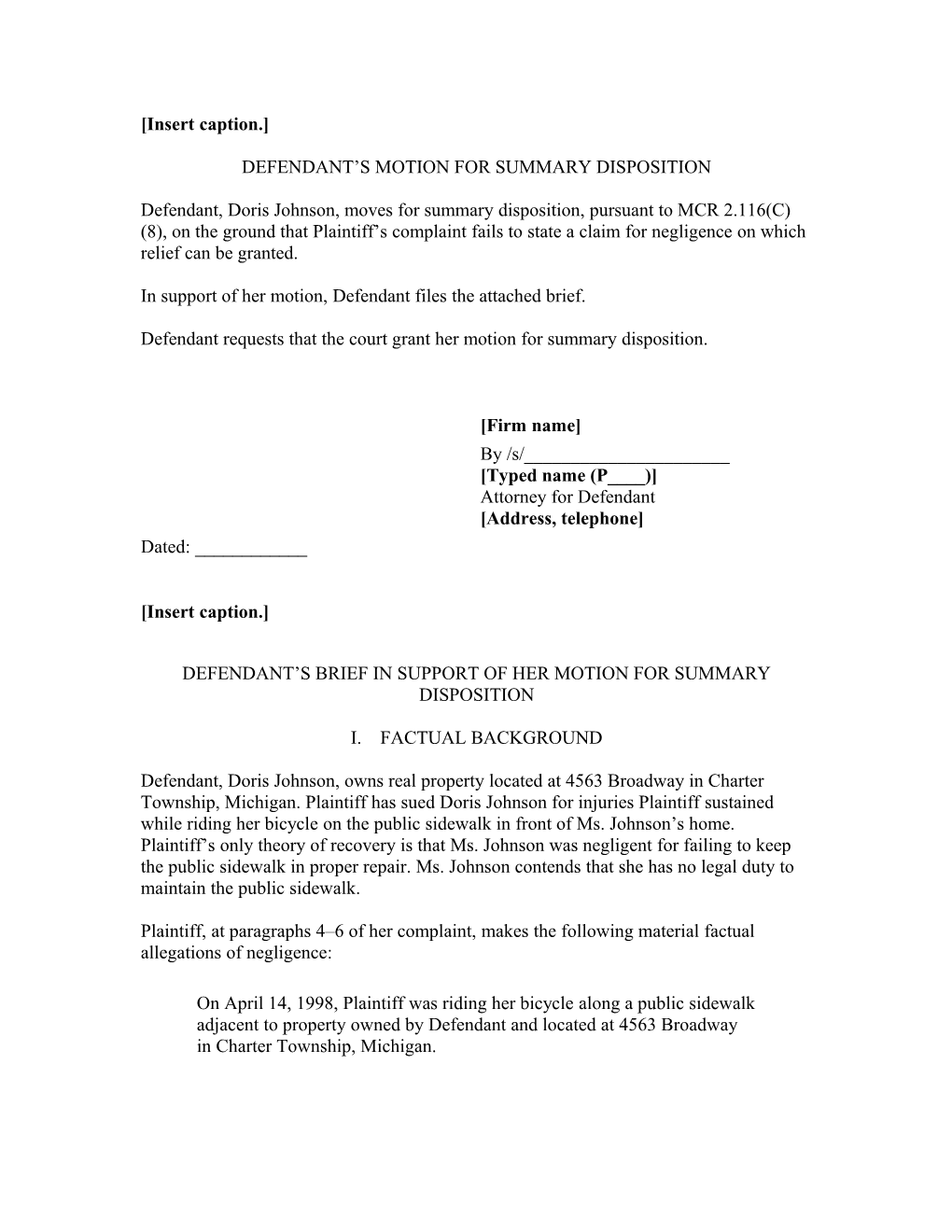 Defendant S Motion for Summary Disposition