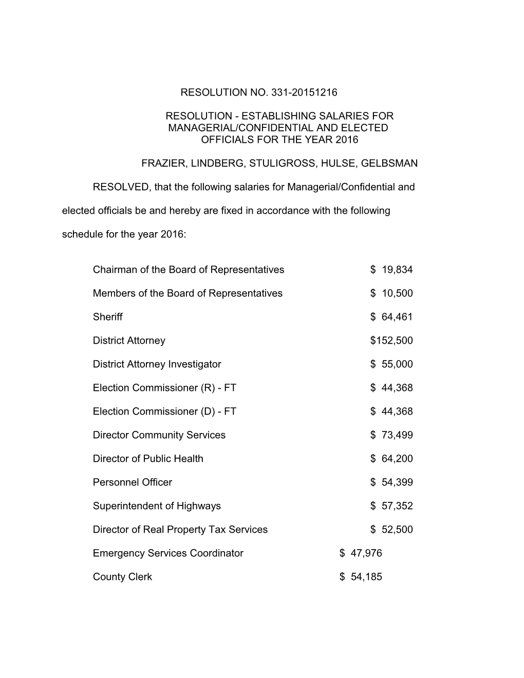 Resolution - Establishing Salaries For