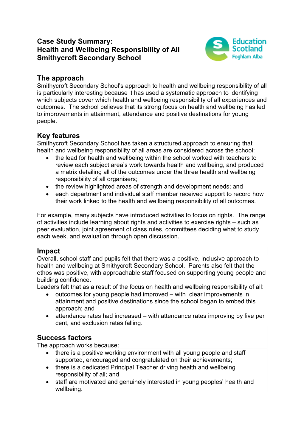 Smithycroft Secondary School S Approach to Health and Wellbeing Responsibility of All Is