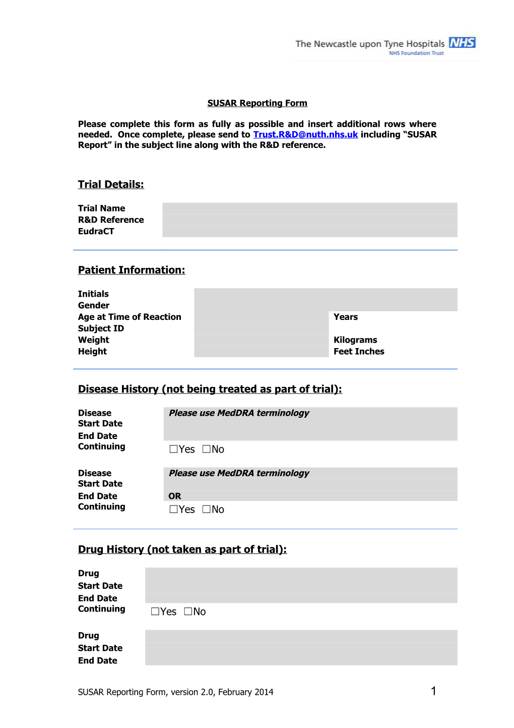 SUSAR Reporting Form, Version 2.0, February 20141