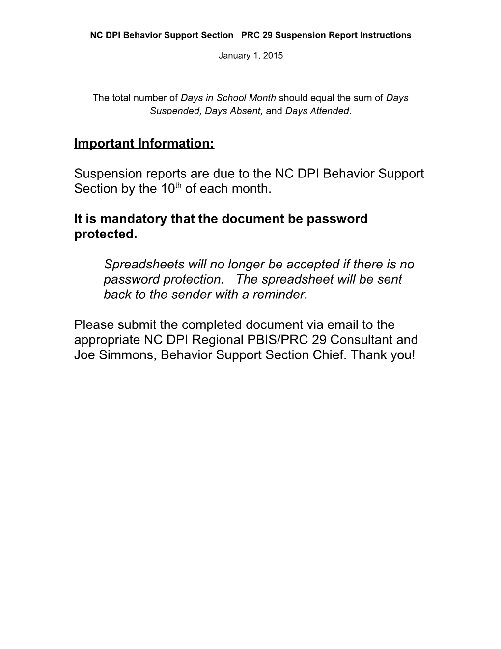 NC DPI Behavior Support Section PRC 29 Suspension Report Instructions