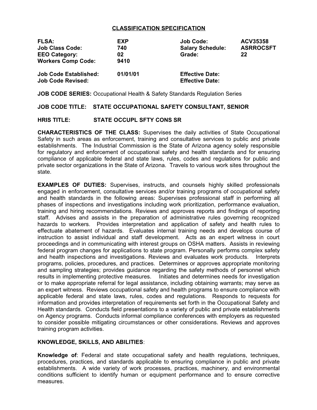 State Occupational Safety Consultant, Senior Job Code ACV35358