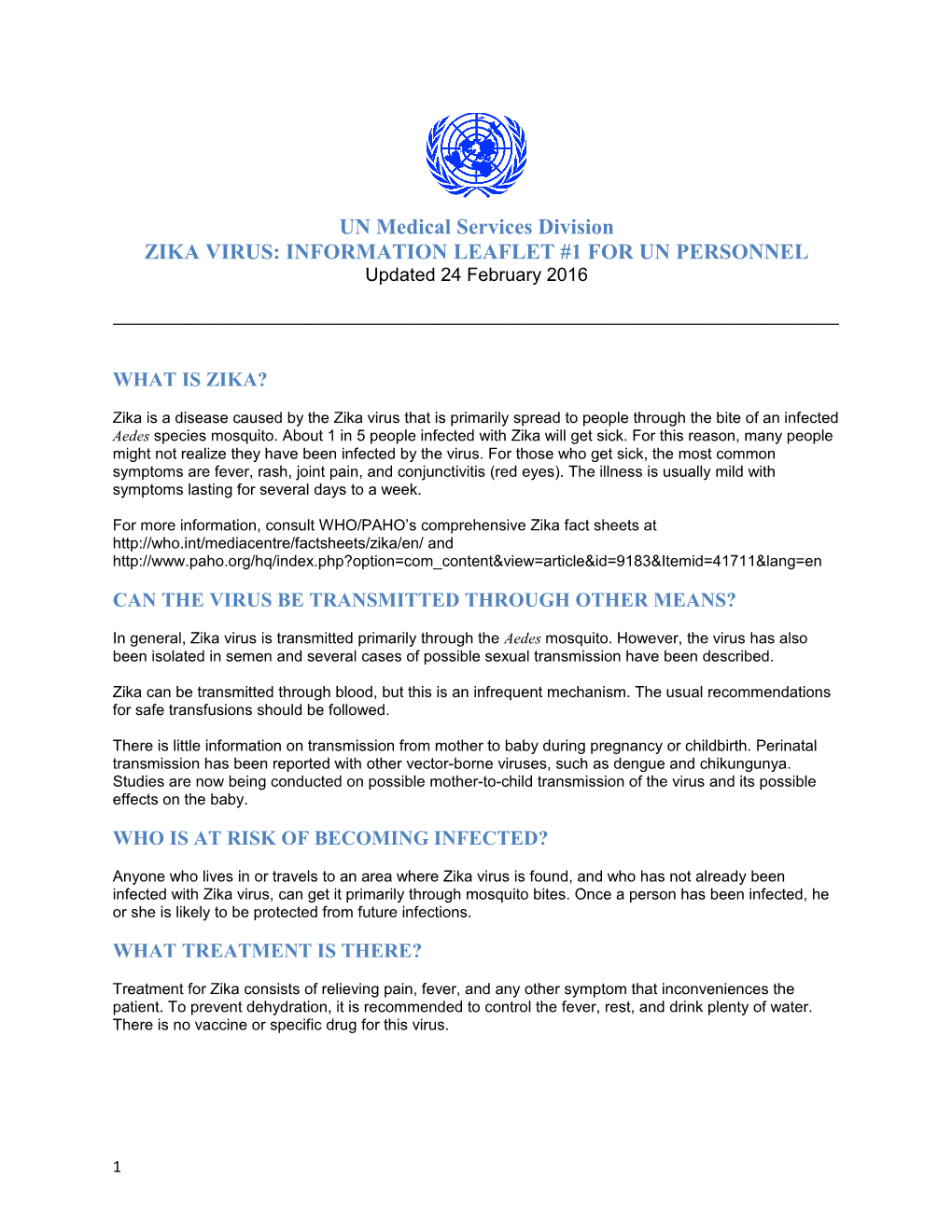 Zika Virus: Information Leaflet #1 for Un Personnel